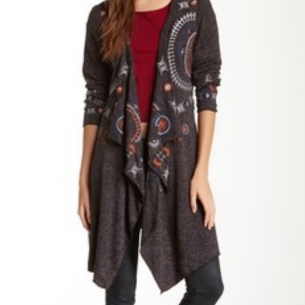 Monoreno boho embroidered open flyaway wool cardigan S